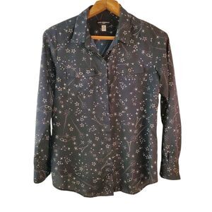 Karl Lagerfeld Blouse  Women's Large Navy Blue Stars Paris Roll Tab Sleeve